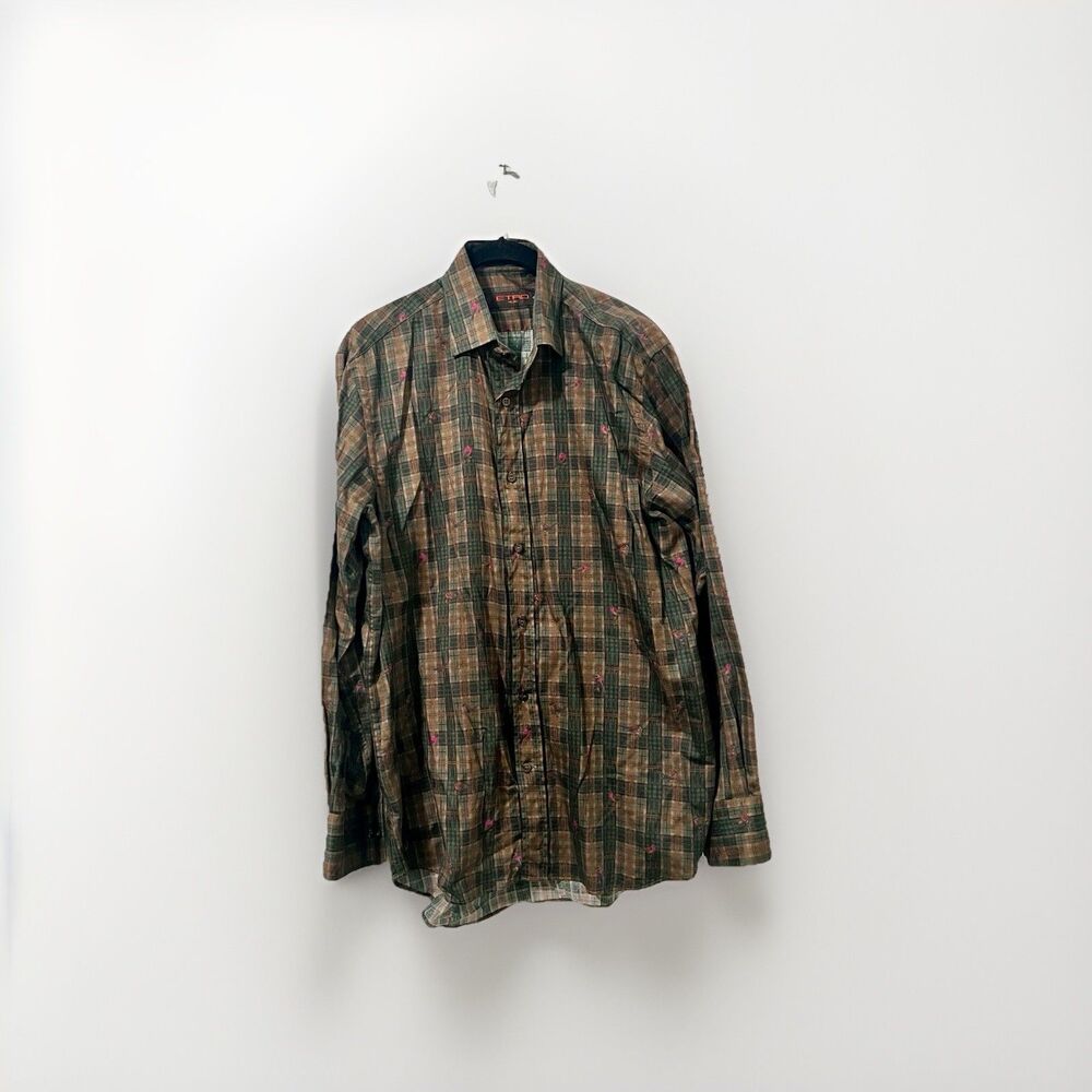 Etro Men’s Dress Casual Shirt Plaid Gingham Tropical Bird Size 40 / US M